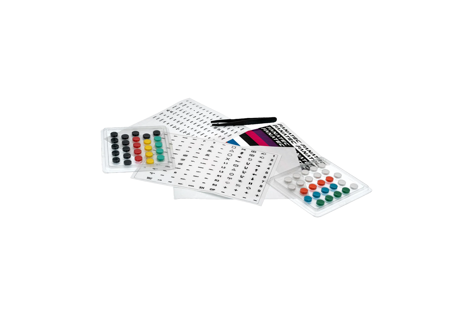 Fanatec Button Caps & Sticker Set — kit completo com capas, folhas de adesivos e ferramenta