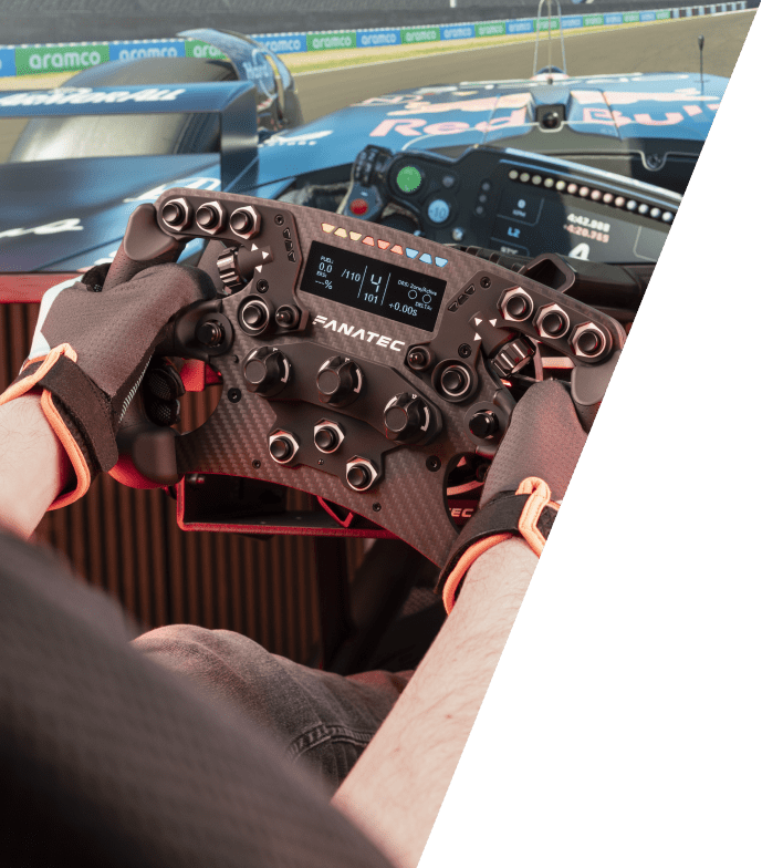 Fanatec Formula-style steering wheel with paddle shifters and a full button array