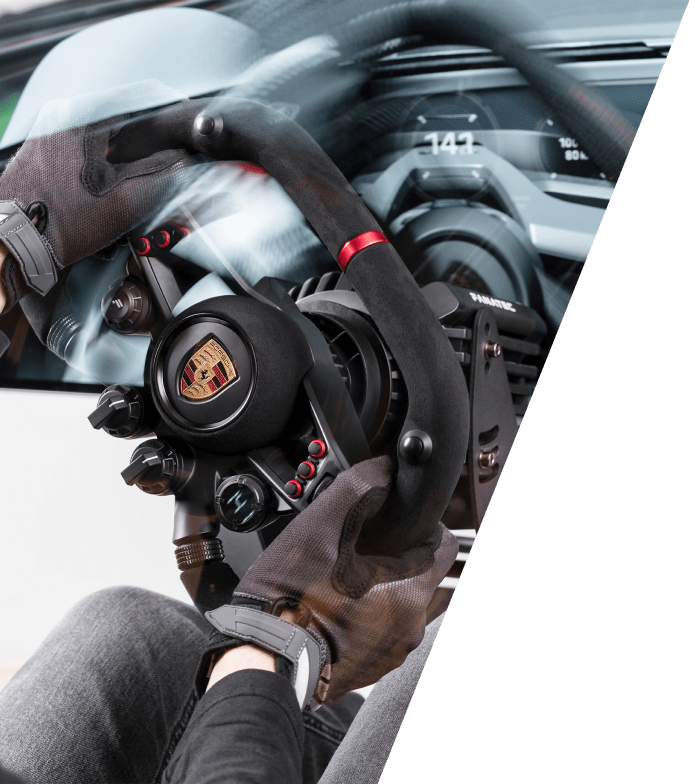 Fanatec GT-style round steering wheel mounted on a Direct Drive Base