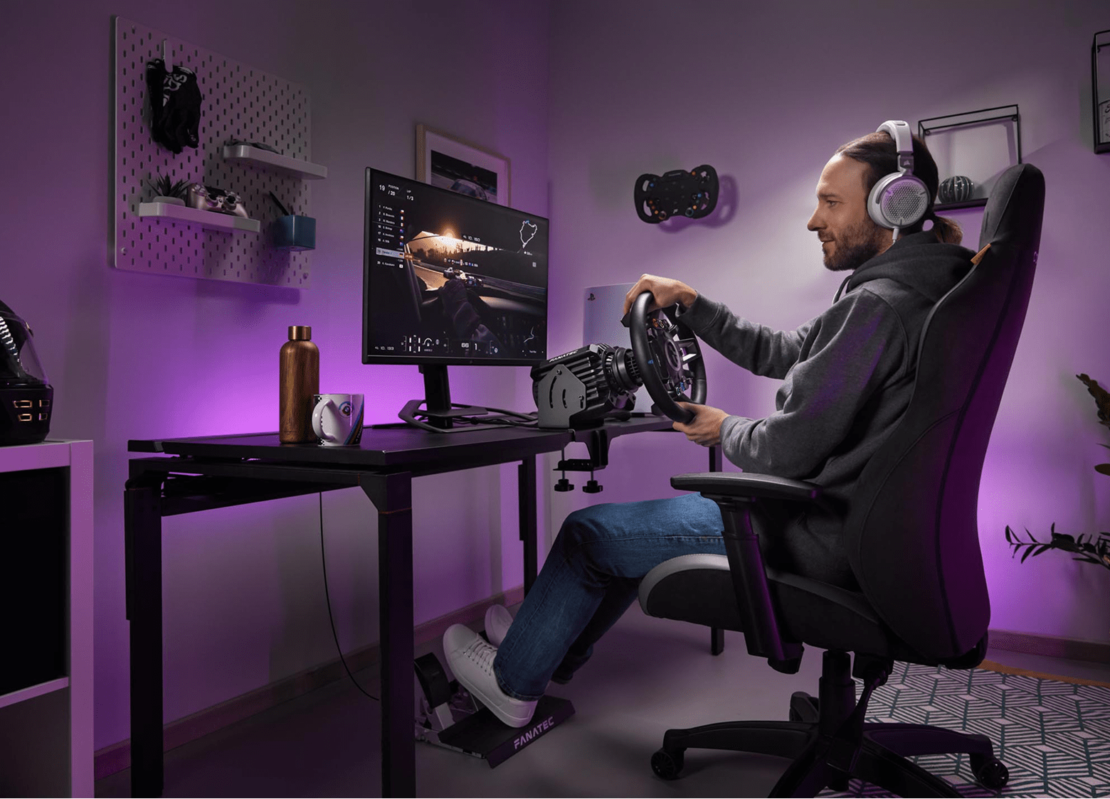 Basic sim racing setup with Fanatec hardware at a desk