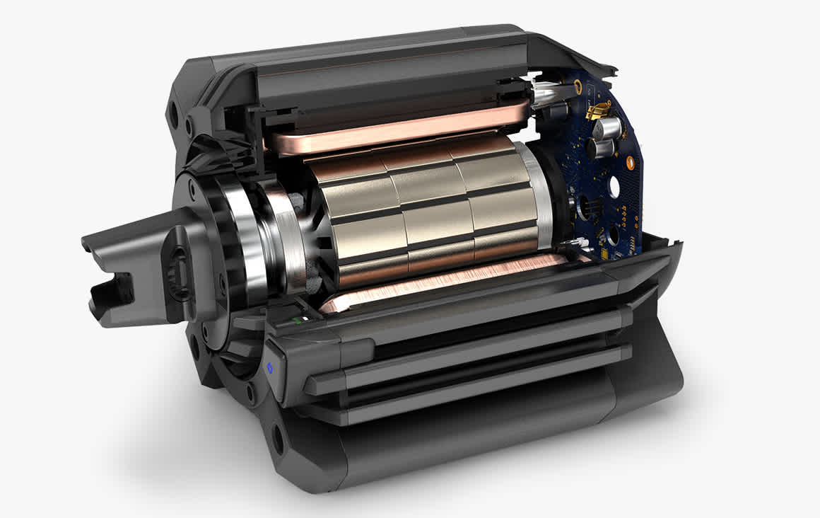 Corte técnico do DD+ — motor, rotor segmentado e eletrônica