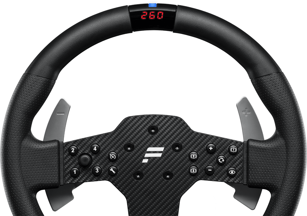 Fanatec CSL Steering Wheel P1 V2 com QR2 Lite — vista frontal com RevStripe e display