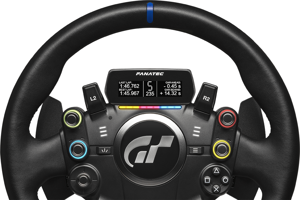 Volante Gran Turismo DD Extreme — frente com OLED 2,7", RevLEDs e FlagLEDs